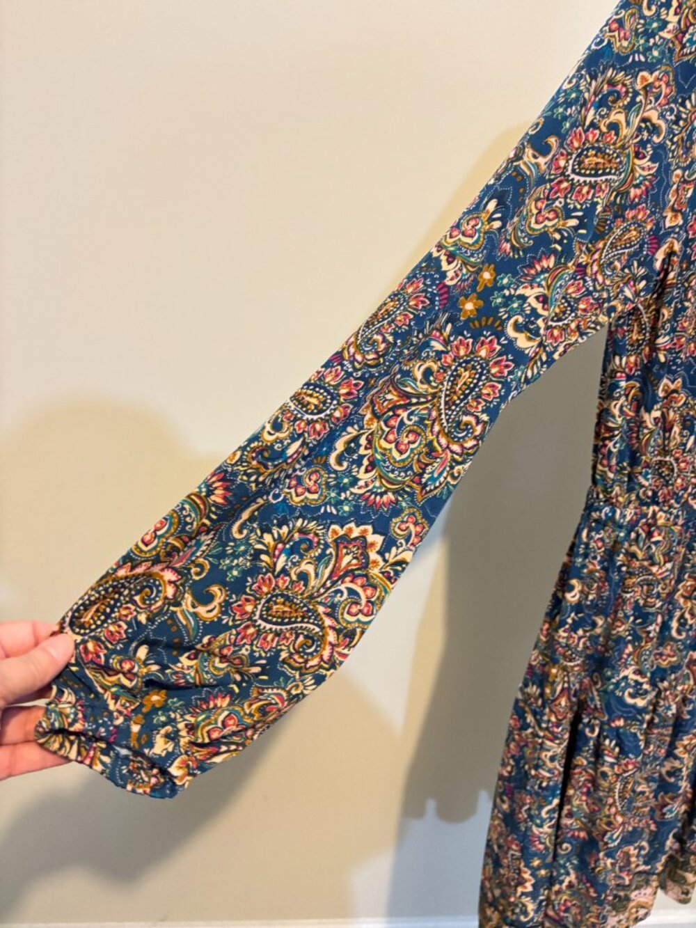 Leota Teal Blue Paisley Smocked Ruffle Neck Long Sleeve Tiered Dress - Picture 9 of 12